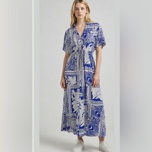 La Provenza Blue White Floral Pattern 100% Cotton Dress Size Large